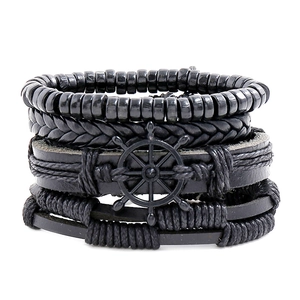 Vintage Rudder Cowhide Multi-layer Woven Bracelet For Men Punk Nautical Leather Cord Wood Bead Combination Bracelet Jewelry