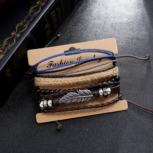 Retro multi-layer leaf feather leather bracelet set with woven hemp rope for men
