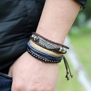Vintage multi-layer braided leather bracelet with leaf pendant and blue beads for men