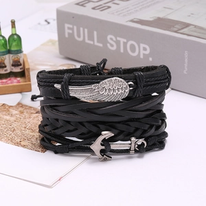 Retro multilayer black leather bracelet with silver wings and anchor charms for men