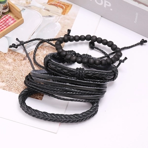 Handmade vintage multi-layer black leather bracelet set with beads and braided cords