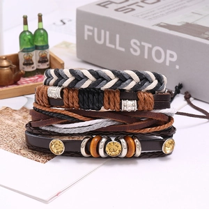 Retro multilayer braided leather bracelet set with wooden beads and yellow crystals