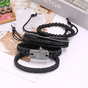 Retro black leather multi-layer bracelet set with braided straps and metal Love charm