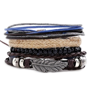 Men Retro Multilayer Cowhide Bracelet Set Bohemian Braided Hemp Rope With Metal Feather Pendant Vintage Stackable Hand Jewelry