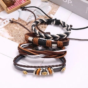 Set of 4 vintage braided leather bracelets for men featuring multi-layer rope and metal beads