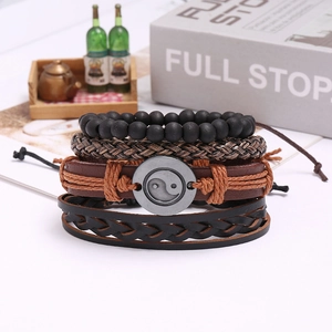 Multi-layer men's braided leather bracelet set with Yin Yang charm and matte beads