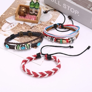 Three-piece vintage braided leather bracelet set with blue gemstone and colorful cotton ropes