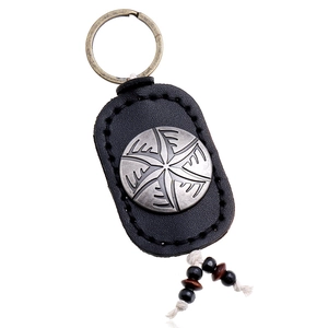 Vintage handmade black leather keychain with Kolovrat sun wheel symbol and beaded charms