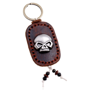 Handgefertigter Punk-Totenkopf Schlüsselanhänger aus Leder in Vintage Braun