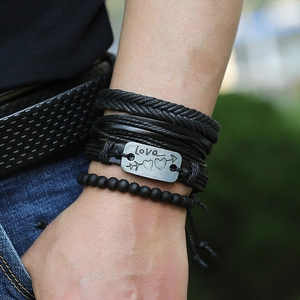 Men's multi-layer black leather bracelet set with love arrow metal charm and matte beads