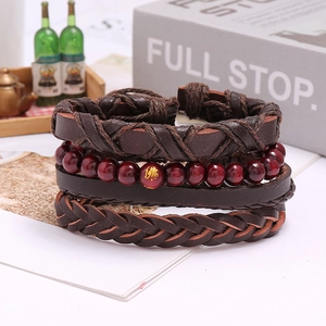 Lot de 4 bracelets multicouches en cuir tressé vintage avec perles et détail de Bouddha
