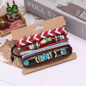 Bohemian multilayer woven leather bracelet set with ethnic beads and blue gemstone