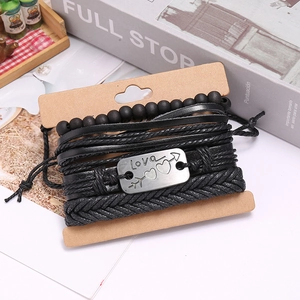 Retro multi-layer black braided leather bracelet set with Love heart metal plate