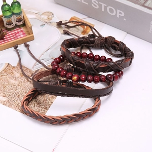 Lot de 4 bracelets en cuir tressé rétro avec perles en bois brun et breloque bouddha