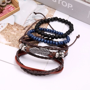 Retro multi-layer men's leather bracelet set with feather charm and bohemian beads