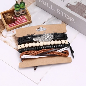 Set bracciale multistrato in pelle intrecciata vintage da uomo con ciondolo ala in argento