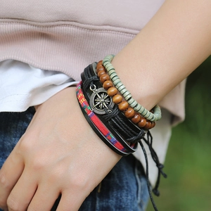 Vintage multi-layer braided leather bracelet set with wooden beads and compass charm