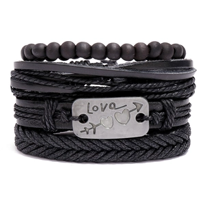 Men's Vintage Woven Leather Multi-Layer Bracelet Punk Heart Arrow Love Metal Plate Black Handmade Jewelry For Men
