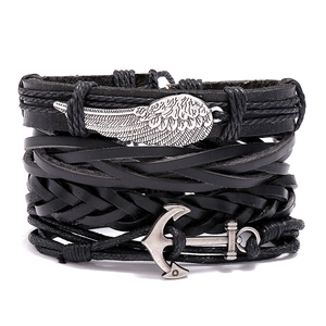 Vintage Cowhide Leather Braided Bracelet For Men Women Multilayer Anchor Wing Charm Punk Style Jewelry Adjust Bracelet