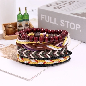 Ethnic bohemian multilayer braided leather bracelet set with brown wooden beads