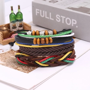 Bohemian multi-layer braided leather bracelet set with colorful beads and vintage charms