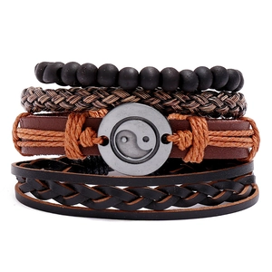 Vintage Tai Chi Yin Yang Men Braided Leather Bracelet Multi-layer Cowhide Hemp Rope Wood Beads Bohemian Punk Wristband