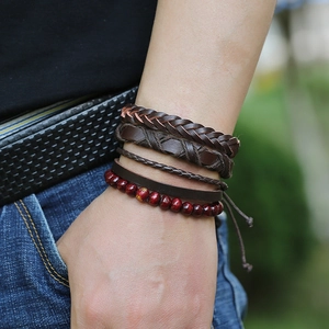 Ensemble de bracelets en cuir tressé vintage avec perles en bois et symboles zen