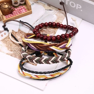 Four-piece ethnic braided leather bracelet set with colorful beads and adjustable cords