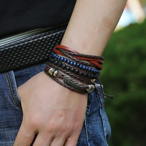 Vintage braided leather bracelet set with feather charm and multilayer beads for men