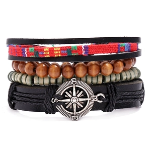 Vintage Layered Cowhide Bracelet Collection Braided Hemp Rope Wood Beads Alloy Compass Decor Wristband For Men Women Jewelry Gift