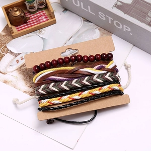 Bohemian multilayer woven leather bracelet set with red wood beads on display card