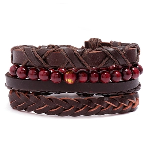 Bracelet en Cuir de Vachette Tressé Rétro Bracelet Superposé Avec Perles en Bois et Corde de Chanvre Bijoux Style Bohême Homme Femme