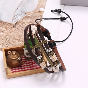 Retro multilayer beaded leather bracelet with bronze cross pendant and adjustable cord