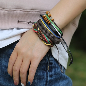 Handcrafted vintage multilayer braided leather bracelet set with colorful beads for women