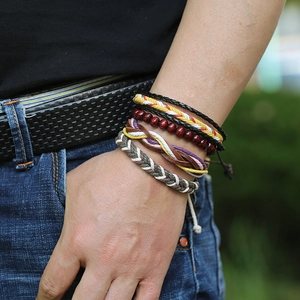 Adjustable multi-layer braided leather and wooden bead bracelet set for men and women