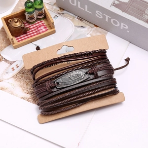 Ensemble de bracelets vintage en cuir multicouche avec plaque en métal plume