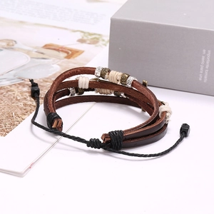 Men's multilayer vintage brown leather bracelet with silver metal rings and braided cord