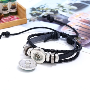 Black multilayer punk leather bracelet with zodiac luminous charm and snap button