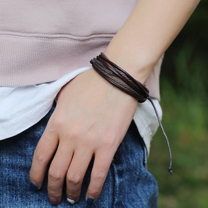 Retro multi-layer brown leather wrap bracelet featuring braided ropes for a casual look