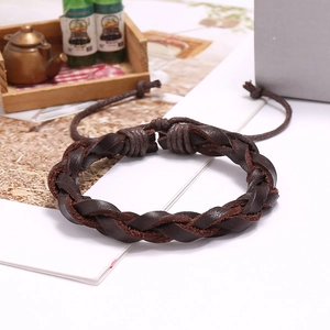 Retro braided dark brown leather bracelet with adjustable pull string for men and women