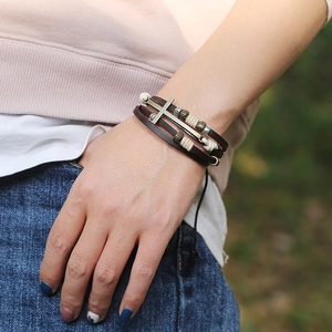 Vintage multi-layer leather bracelet for women with bronze cross charm and beads