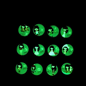 Luminous 12 zodiac glass gems showing glowing cartoon girl motifs on a dark background