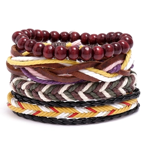 Vintage Ethnic Braided Genuine Leather Bracelet Set Multi-layer Adjustable Bohemian Wood Bead Hemp Rope Wristband Jewelry