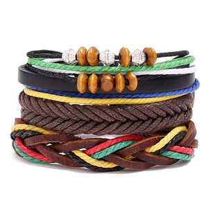 Vintage Woven Genuine Leather Bracelet Set For Men Women Multilayer Ethnic Bohemian Style Wood Beads Handmade Jewelry