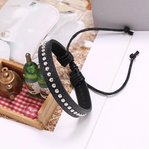Handmade woven black PU leather punk bracelet with silver studs and adjustable cord