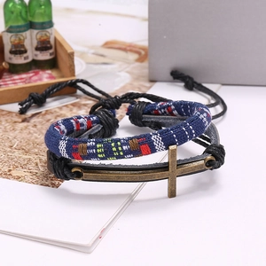 Multilayer beaded leather bracelet set with bronze cross pendant and ethnic woven band