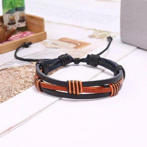 Bracciale multistrato vintage in pelle intrecciata con cordino arancione regolabile
