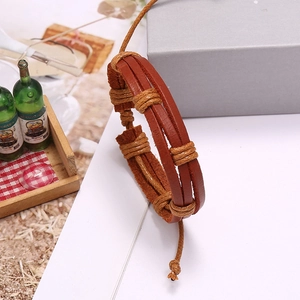Vintage multilayer braided leather bracelet for women with adjustable brown leather straps