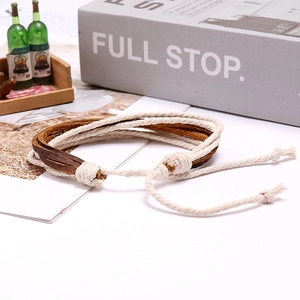 Vintage multilayer braided leather and cotton rope bracelet with adjustable knot closure