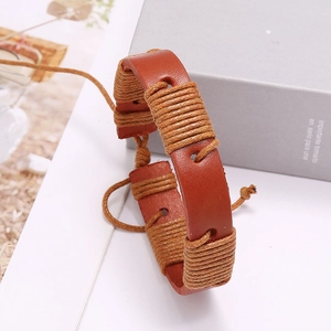 Retro braided leather bracelet in dark reddish-brown with rustic hemp rope wrap details